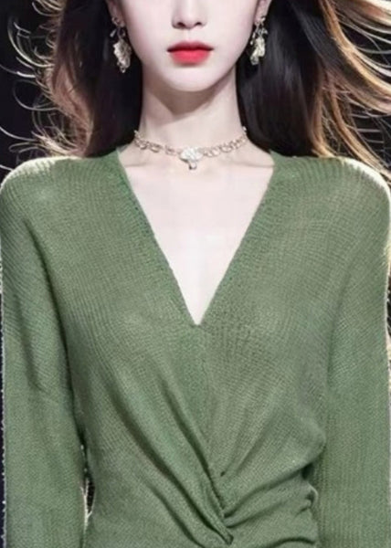 Simple Green V Neck Solid Cozy Knit Sweater Fall WQ035 OL-NTP241031