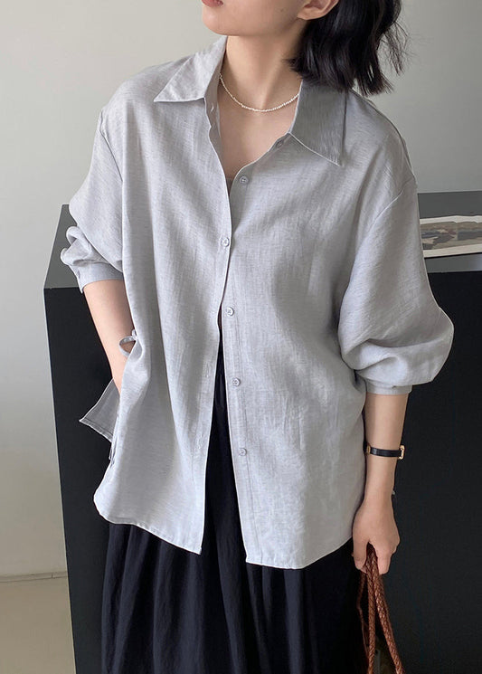 Simple Grey Blue Peter Pan Collar Button Shirt Summer VB1071 Ada Fashion