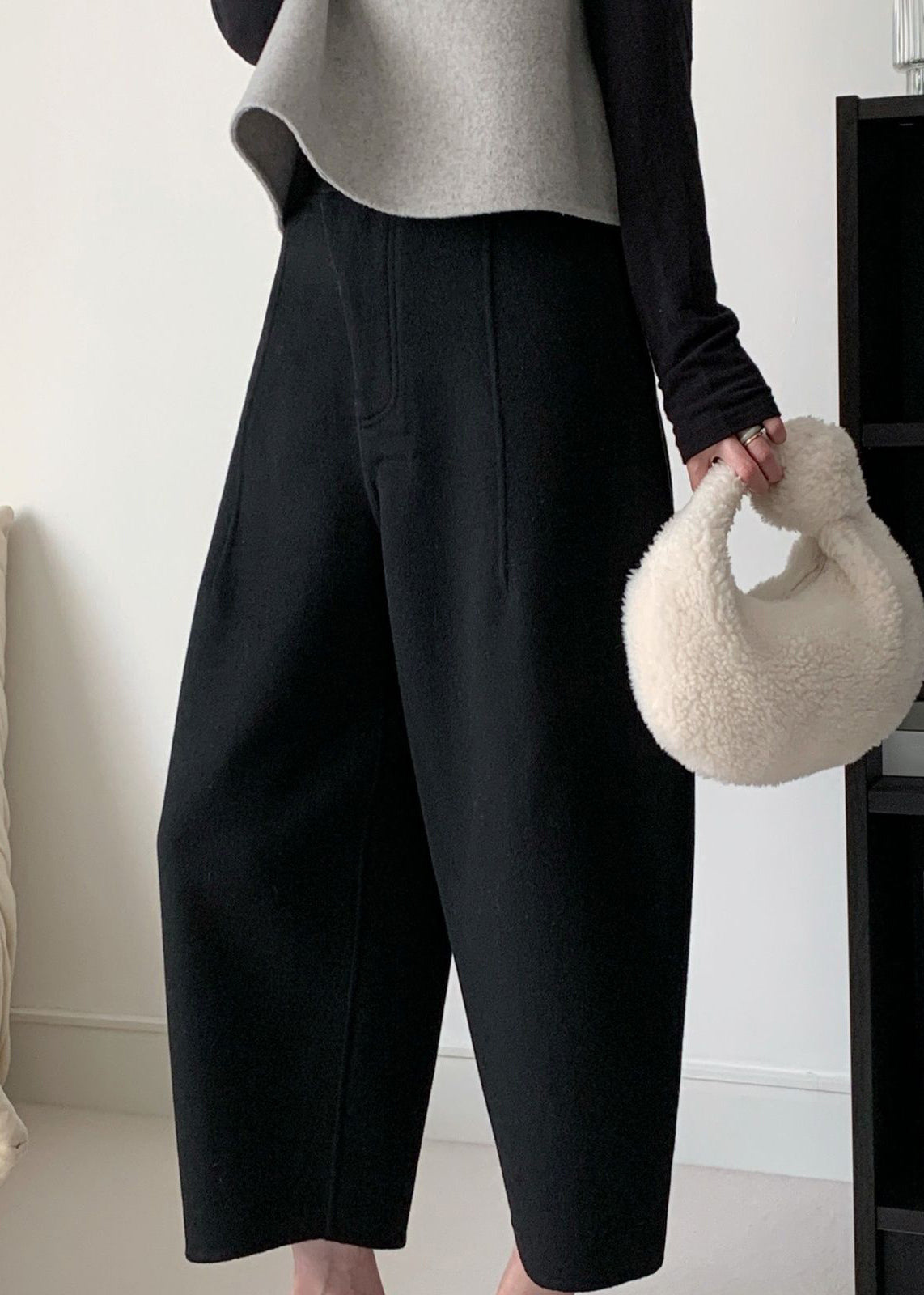 Simple Grey Button High Waist Woolen Crop Pants Winter RF021 ABC