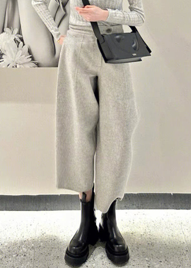 Simple Grey Button High Waist Woolen Crop Pants Winter RF021 ABC