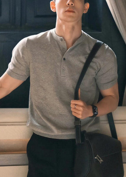 Grey Summer Solid Button Men Shirts T Cotton Simple FashionChic