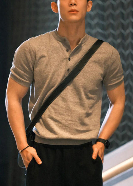 Grey Summer Solid Button Men Shirts T Cotton Simple FashionChic