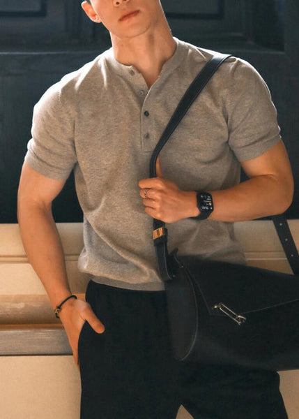 Grey Summer Solid Button Men Shirts T Cotton Simple FashionChic