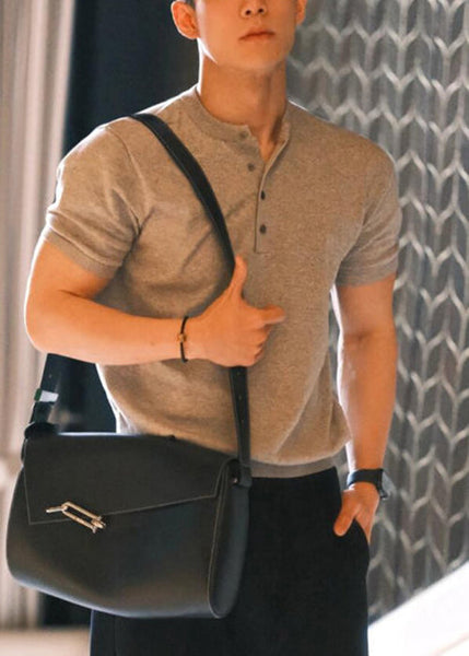 Grey Summer Solid Button Men Shirts T Cotton Simple FashionChic