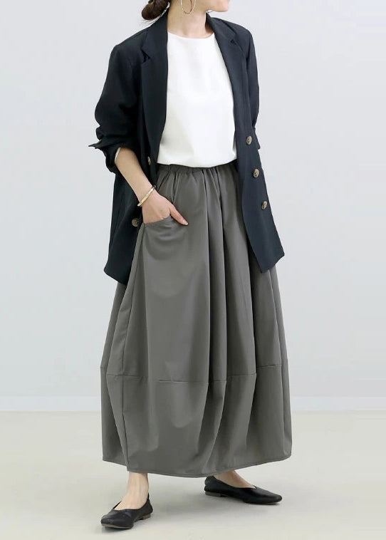 Skirt Elastic Fall Cotton Patchwork Grey Simple Waist FashionChic