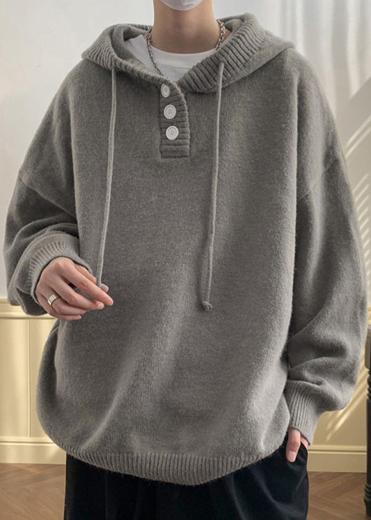 Simple Grey Hooded Button Solid Knit Men Sweaters Winter RP063 ABC