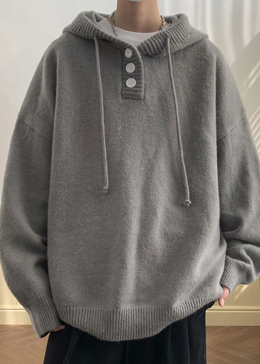 Simple Grey Hooded Button Solid Knit Men Sweaters Winter RP063 ABC