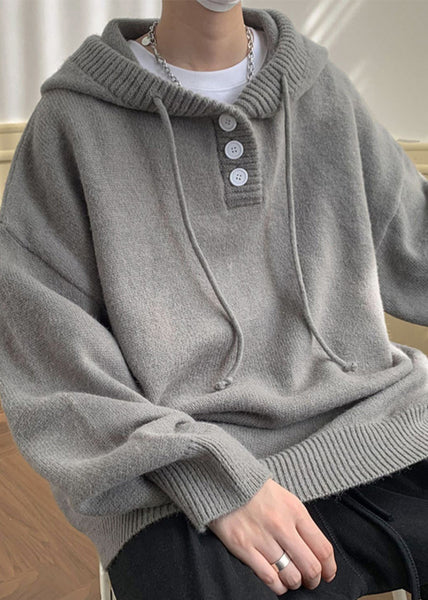Simple Grey Hooded Button Solid Knit Men Sweaters Winter RP063 ABC