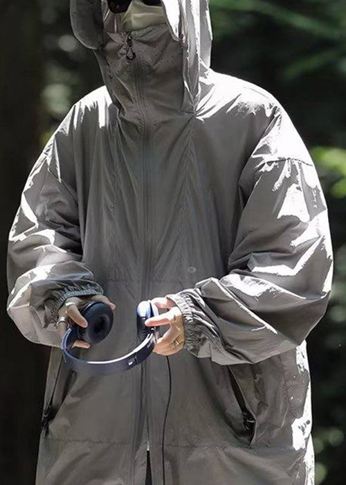 UPF 50+ Simple Coat Grey Hooded Pockets Summer Drawstring Mens FashionChic