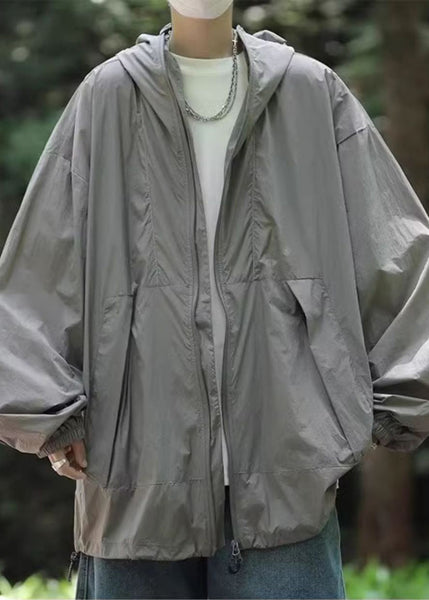 UPF 50+ Simple Coat Grey Hooded Pockets Summer Drawstring Mens FashionChic