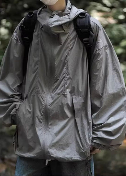 UPF 50+ Simple Coat Grey Hooded Pockets Summer Drawstring Mens FashionChic