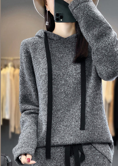 Simple Grey Hooded Pockets Woolen Two-Piece Set Winter WM008 ABC