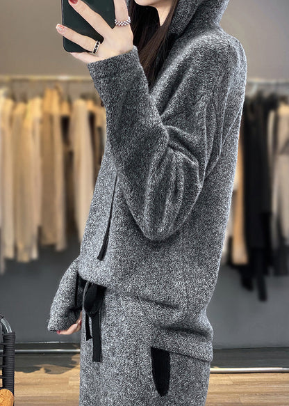 Simple Grey Hooded Pockets Woolen Two-Piece Set Winter WM008 ABC