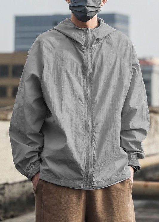 Hooded Summer Ice 50+ Simple Grey UPF Silk Solid Men Coat FashionChic