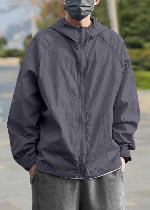 Hooded Summer Ice 50+ Simple Grey UPF Silk Solid Men Coat FashionChic
