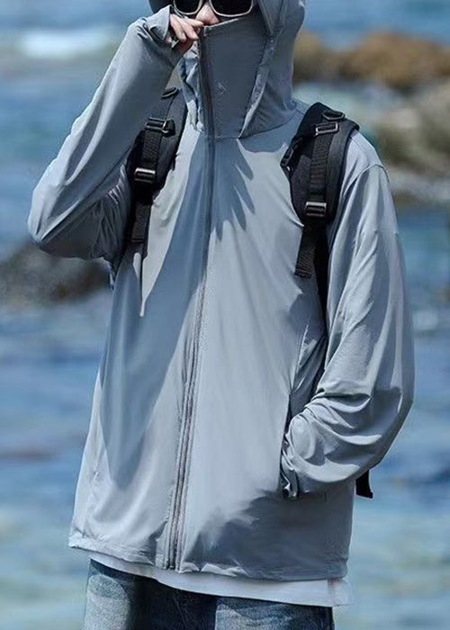 Hooded Coat Men Pockets 50+ Zippered Grey Summer Simple UPF FashionChic