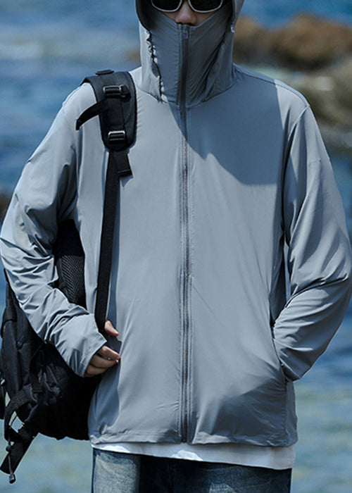 Hooded Coat Men Pockets 50+ Zippered Grey Summer Simple UPF FashionChic
