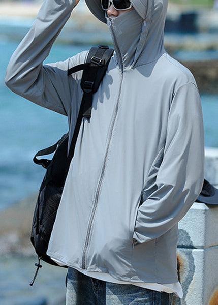 Hooded Coat Men Pockets 50+ Zippered Grey Summer Simple UPF FashionChic