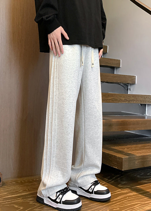 Simple Grey Lace Up Elastic Waist Warm Fleece Mens Pants Spring RM043 ABC