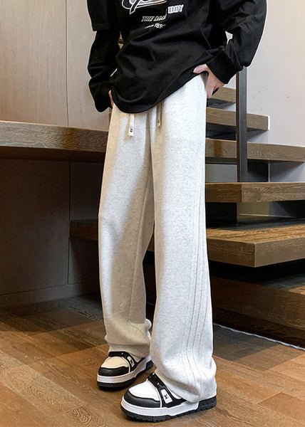 Simple Grey Lace Up Elastic Waist Warm Fleece Mens Pants Spring RM043 ABC