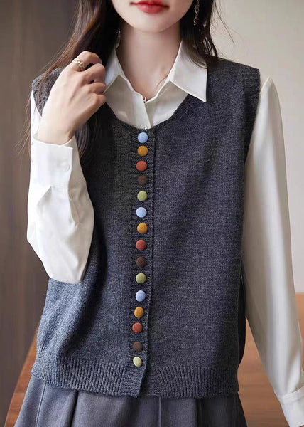 Simple Grey O Neck Button Knit Vest Sleeveless TF034