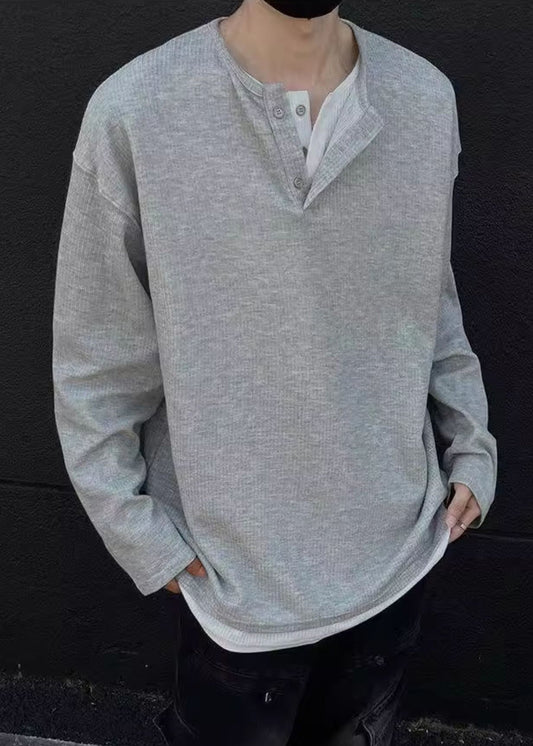 Simple O T Patchwork Grey Shirts Neck Cotton Mens Button Spring FashionChic