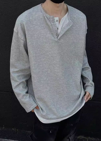 Simple O T Patchwork Grey Shirts Neck Cotton Mens Button Spring FashionChic