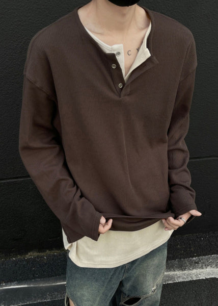 Simple O T Patchwork Grey Shirts Neck Cotton Mens Button Spring FashionChic