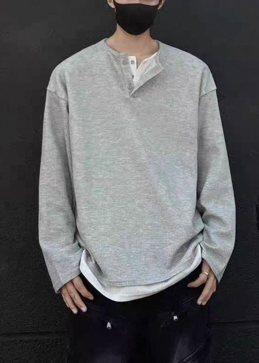 Simple O T Patchwork Grey Shirts Neck Cotton Mens Button Spring FashionChic