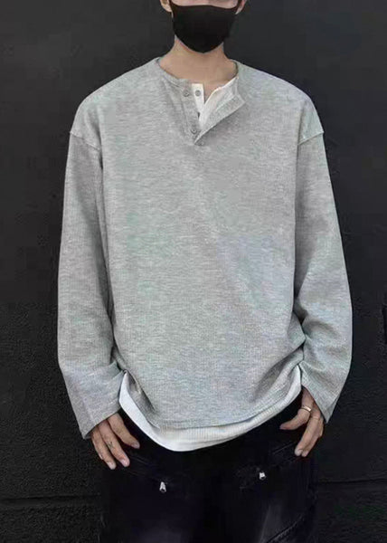 Simple O T Patchwork Grey Shirts Neck Cotton Mens Button Spring FashionChic