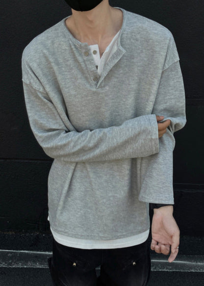 Simple O T Patchwork Grey Shirts Neck Cotton Mens Button Spring FashionChic