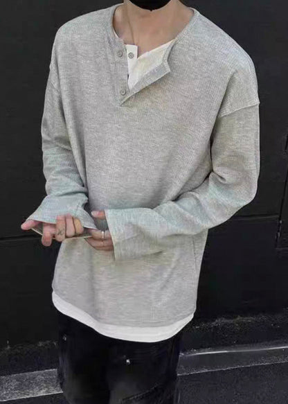 Simple O T Patchwork Grey Shirts Neck Cotton Mens Button Spring FashionChic