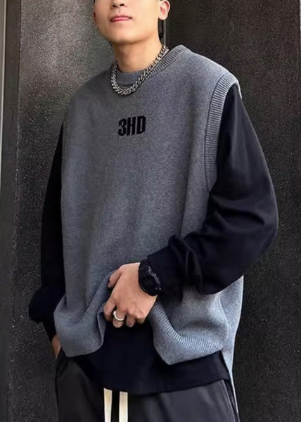 Simple Grey O Neck Letter Solid Men Knit Vest Fall RJ028 ABC