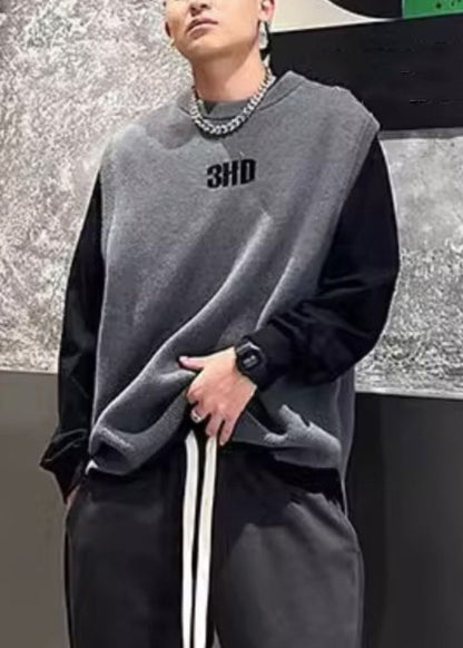 Simple Grey O Neck Letter Solid Men Knit Vest Fall RJ028 ABC