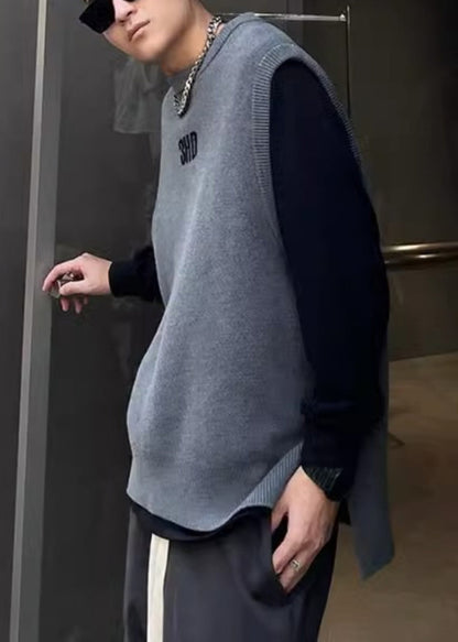 Simple Grey O Neck Letter Solid Men Knit Vest Fall RJ028 ABC
