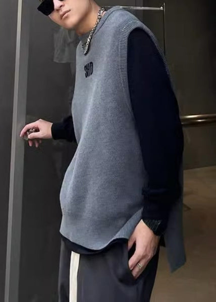 Simple Grey O Neck Letter Solid Men Knit Vest Fall RJ028 ABC