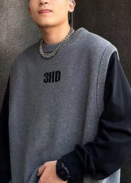Simple Grey O Neck Letter Solid Men Knit Vest Fall RJ028 ABC