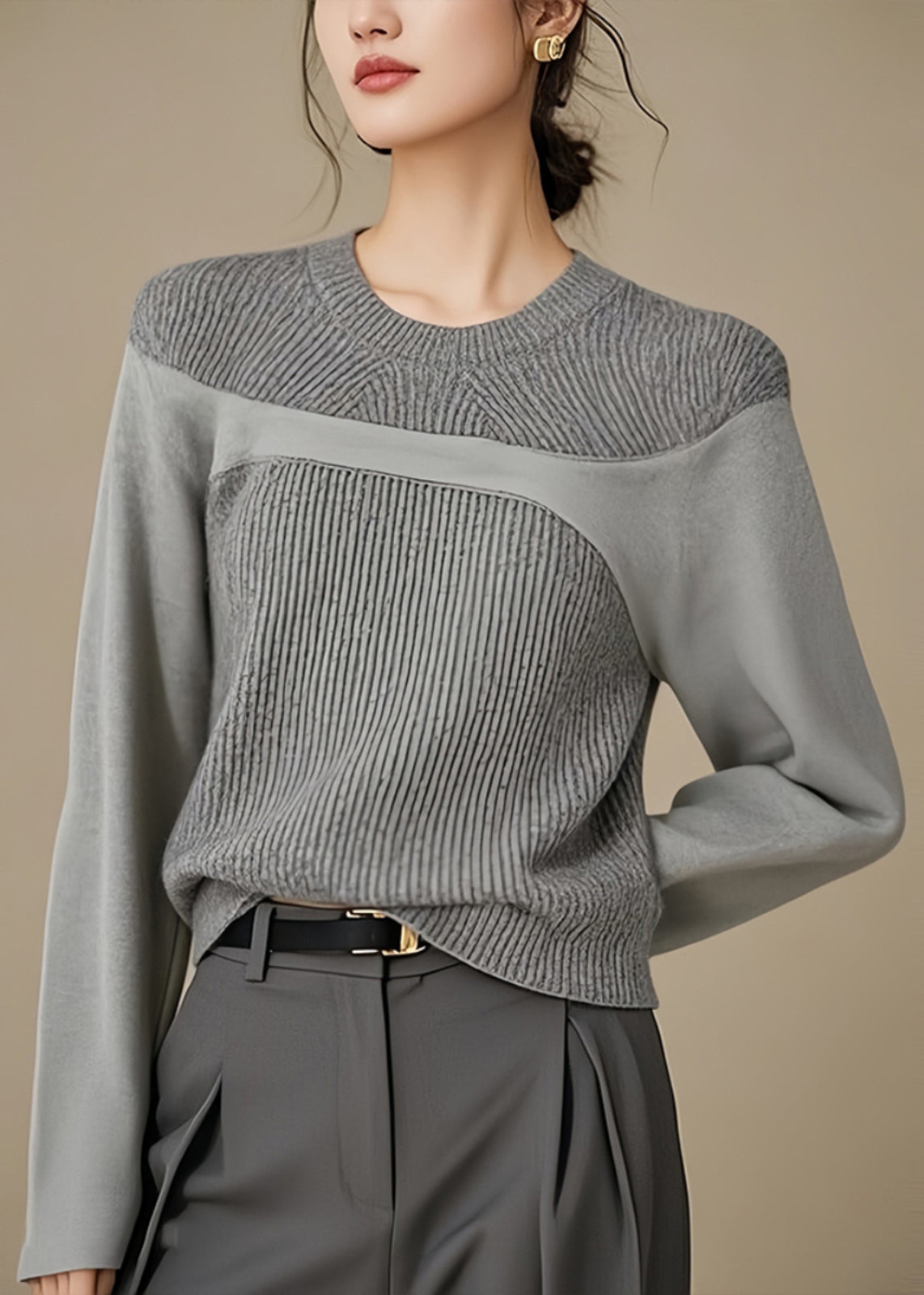 Simple Grey O Neck Patchwork Knit Top Winter RK025 ABC