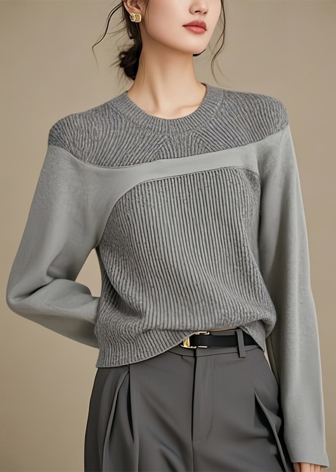 Simple Grey O Neck Patchwork Knit Top Winter RK025 ABC