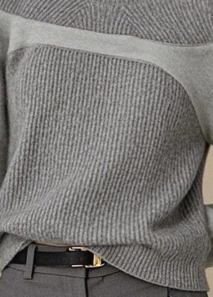 Simple Grey O Neck Patchwork Knit Top Winter RK025 ABC