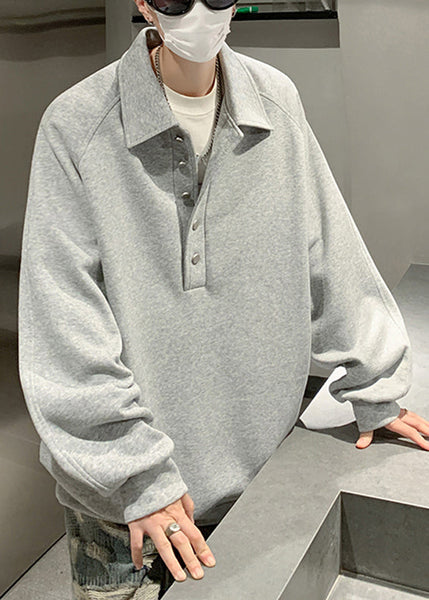 Cotton Button Sweatshirts Mens Spring Simple Grey TC033 Pan Peter Collar