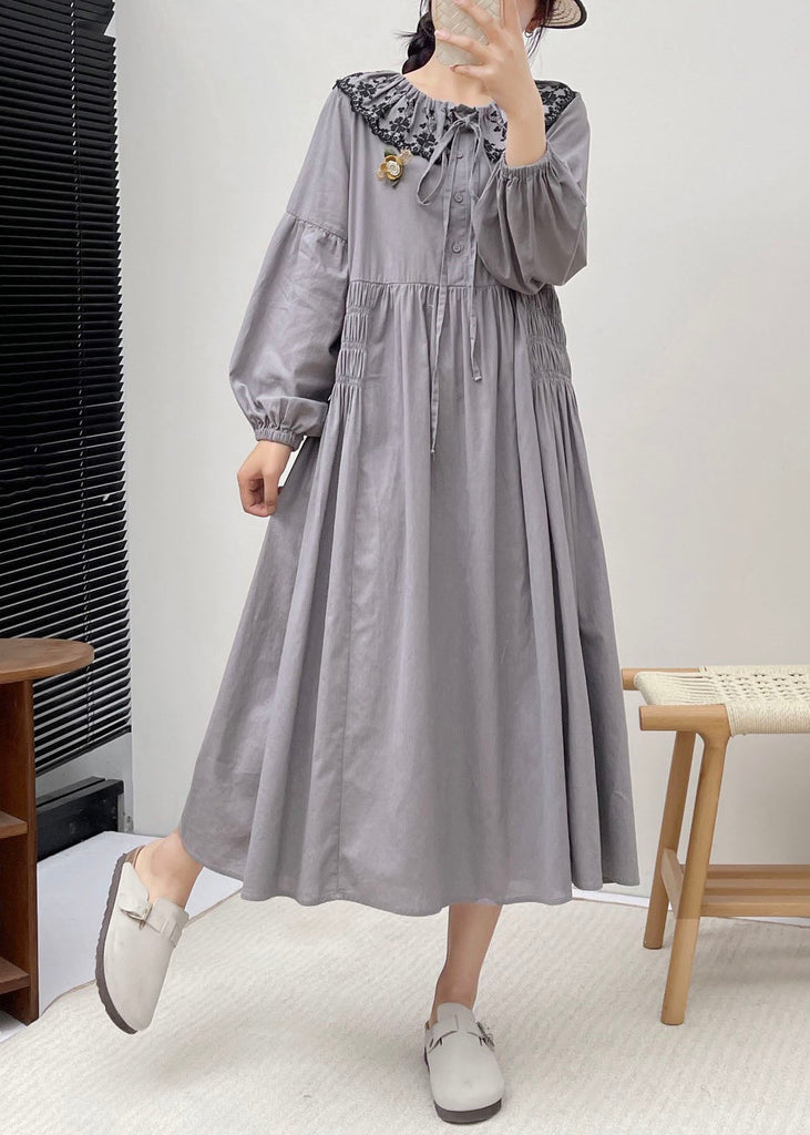 Simple Grey Peter Pan Collar Patchwork Wrinkled Vacation Long Dresses Long Sleeve BV021 MZF-FDL240702