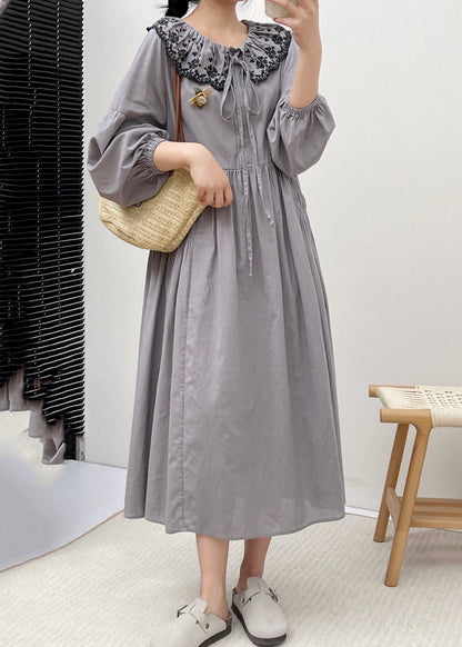 Simple Grey Peter Pan Collar Patchwork Wrinkled Vacation Long Dresses Long Sleeve BV021 MZF-FDL240702