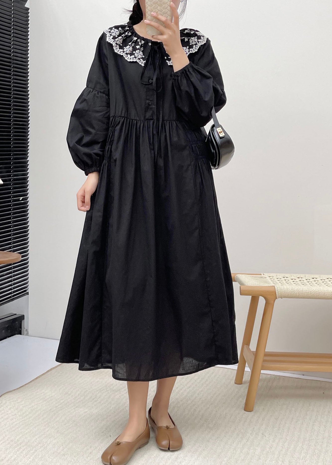 Simple Grey Peter Pan Collar Patchwork Wrinkled Vacation Long Dresses Long Sleeve BV021 MZF-FDL240702