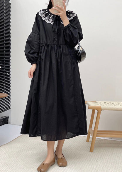 Simple Grey Peter Pan Collar Patchwork Wrinkled Vacation Long Dresses Long Sleeve BV021 MZF-FDL240702