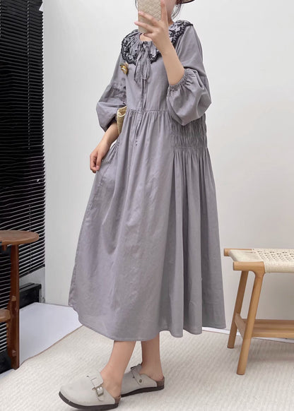 Simple Grey Peter Pan Collar Patchwork Wrinkled Vacation Long Dresses Long Sleeve BV021 MZF-FDL240702