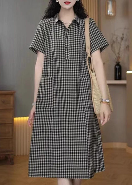 Dress Summer Peter Mid Collar Simple Plaid Pan Linen Grey FashionChic