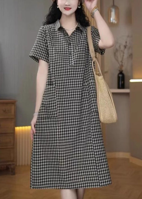 Simple Peter Plaid Summer Mid Pan Linen Collar Dress Grey FashionChic