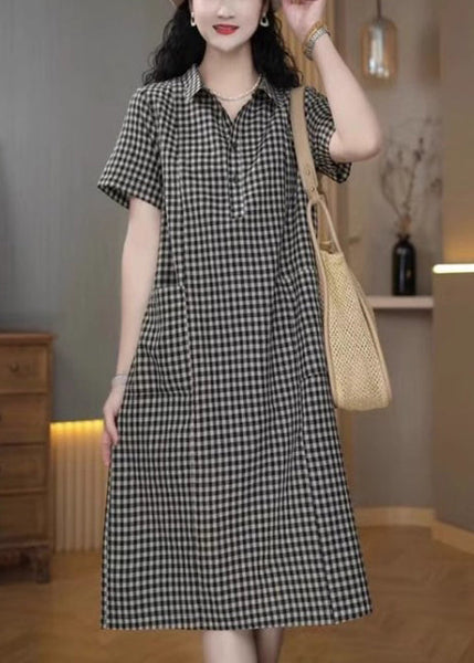 Simple Peter Plaid Summer Mid Pan Linen Collar Dress Grey FashionChic