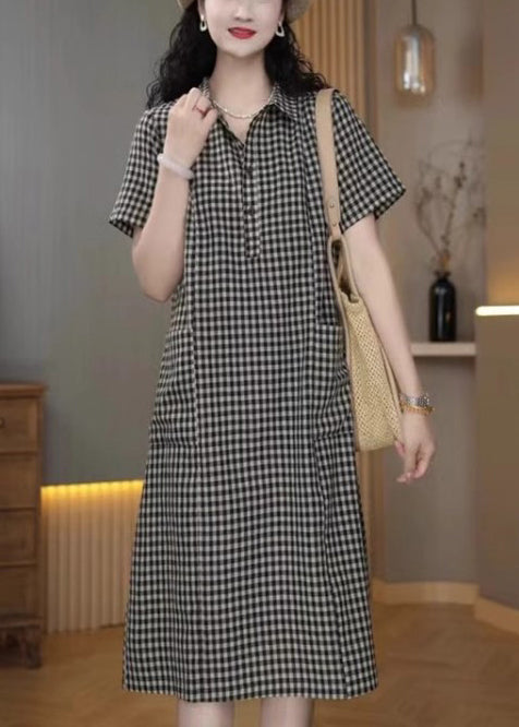 Dress Summer Peter Mid Collar Simple Plaid Pan Linen Grey FashionChic